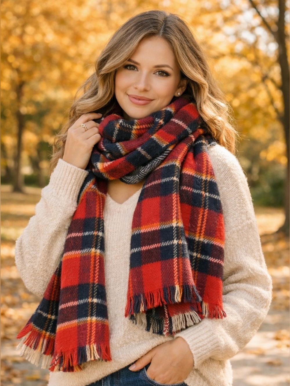 Cozy Plaid Blanket Scarf Fall Winter Oversized Wrap Red Tartan Reversible NWT